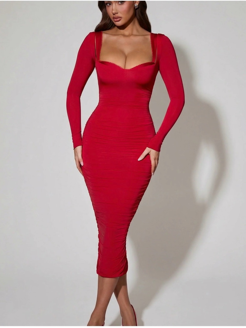 Oh Polly Red Long Sleeve Ruched Midi Dress